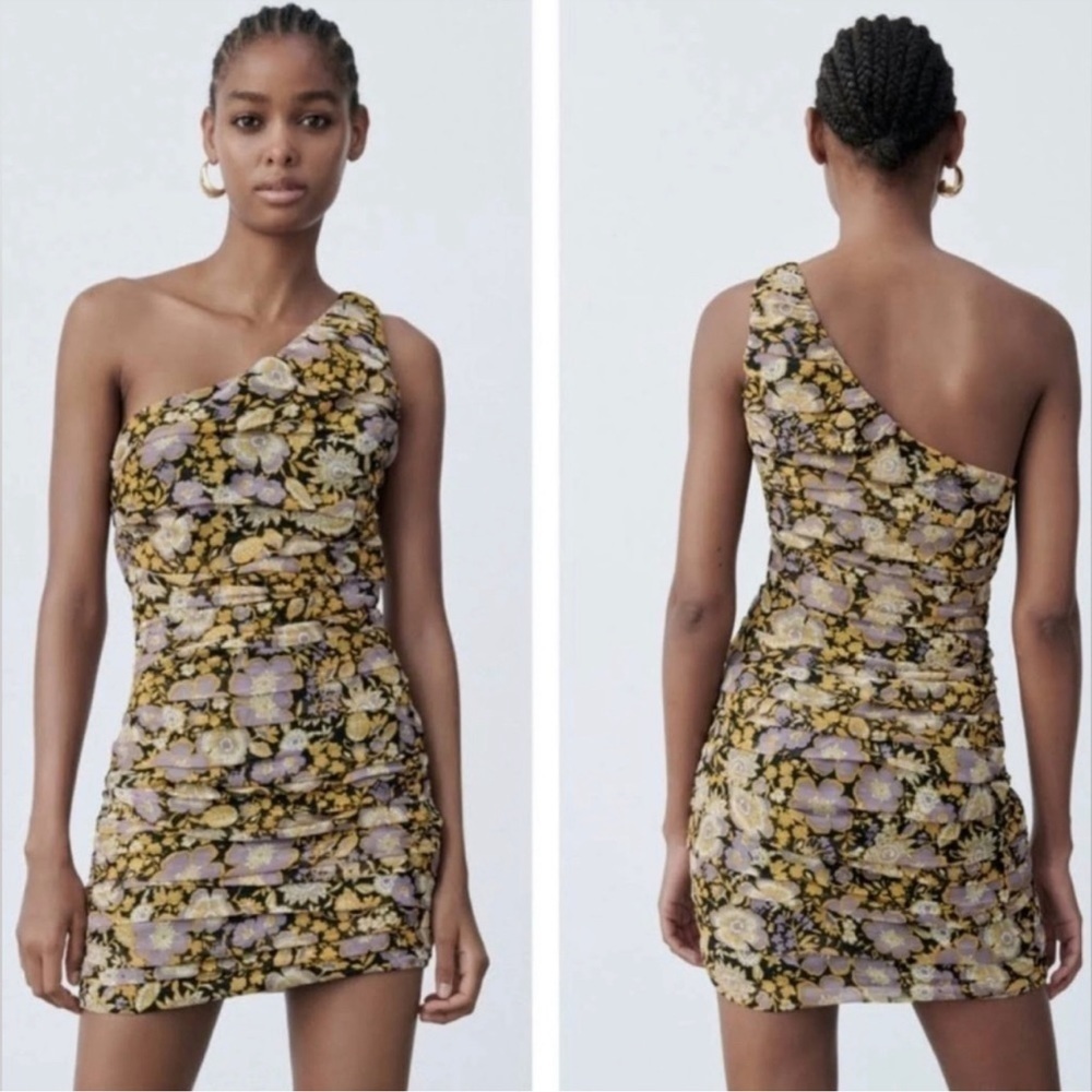 Zara ruched one shoulder mini dress floral metallic thread vacation party sz sm